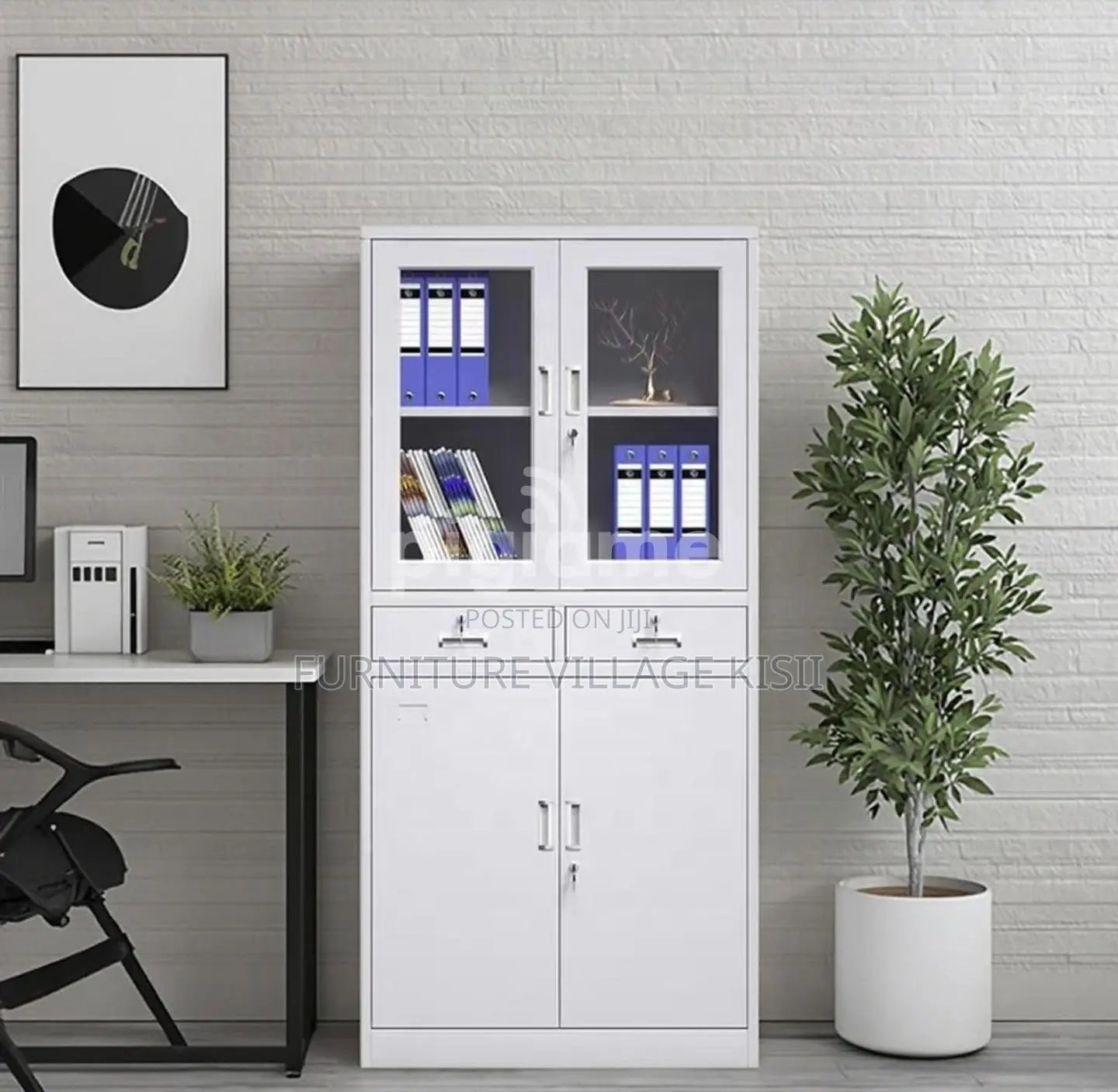 Office Cabinet; 2- Door Metallic Half Glass With Middle Drawer Office