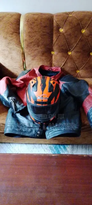 Leather Riding Jacket and Helmet