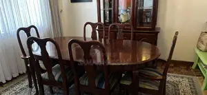 Vintage Wooden Expandable Dining Table Set With Glass Cabinet Hutch