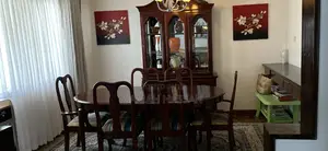 Vintage Wooden Expandable Dining Table Set With Glass Cabinet Hutch