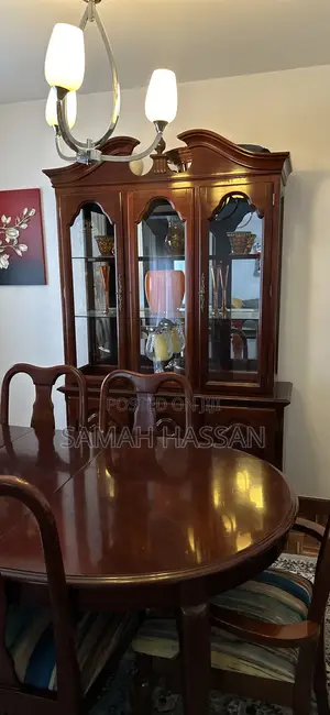 Vintage Wooden Expandable Dining Table Set With Glass Cabinet Hutch