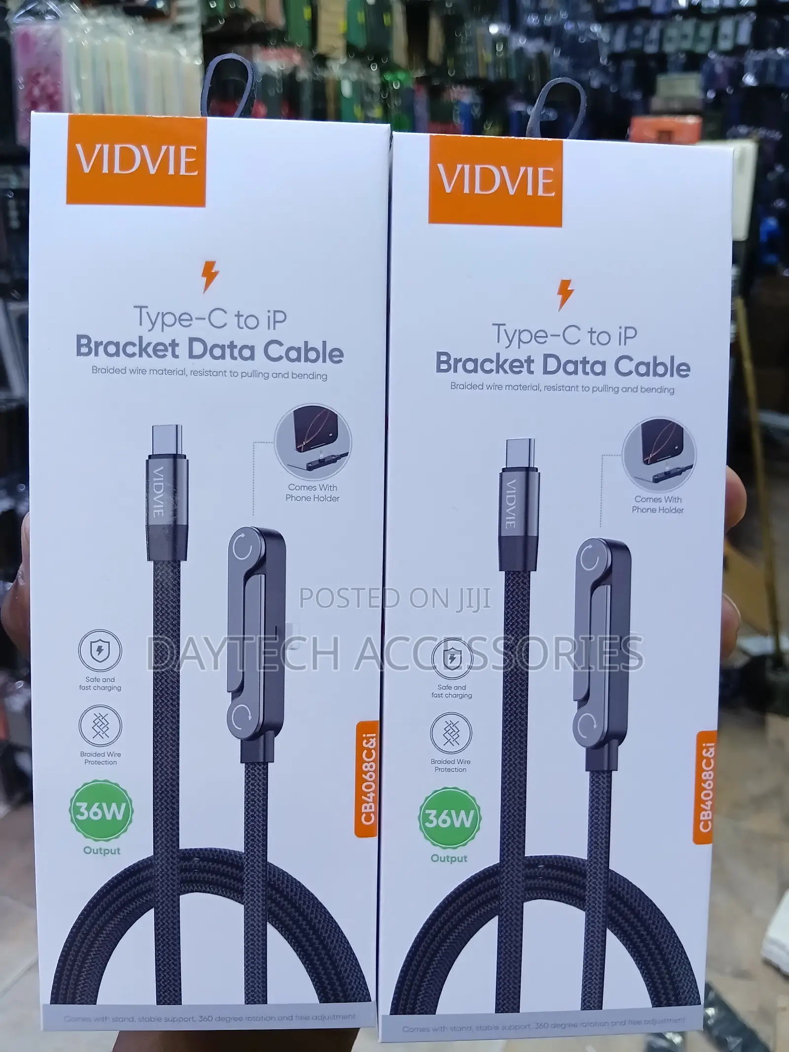 VIDVIE 36W Type-C to Lightning Braided Data Cable With Phone Stand.