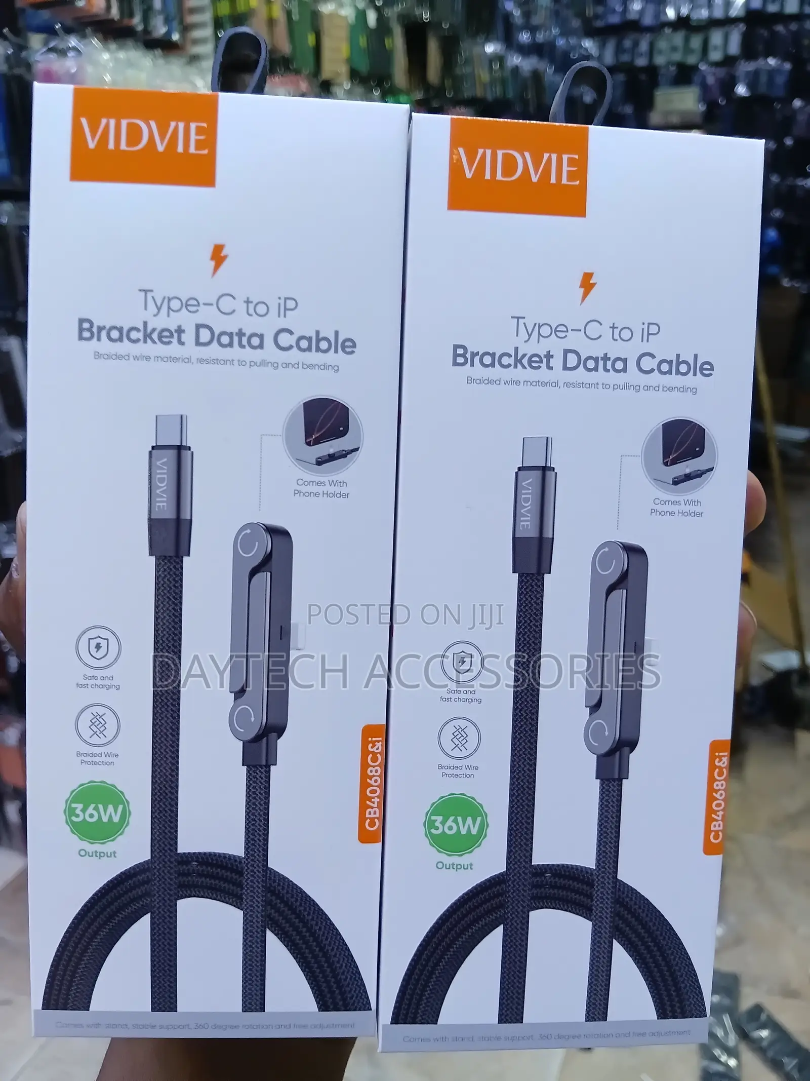 VIDVIE 36W Type-C to Lightning Braided Data Cable With Phone Stand.