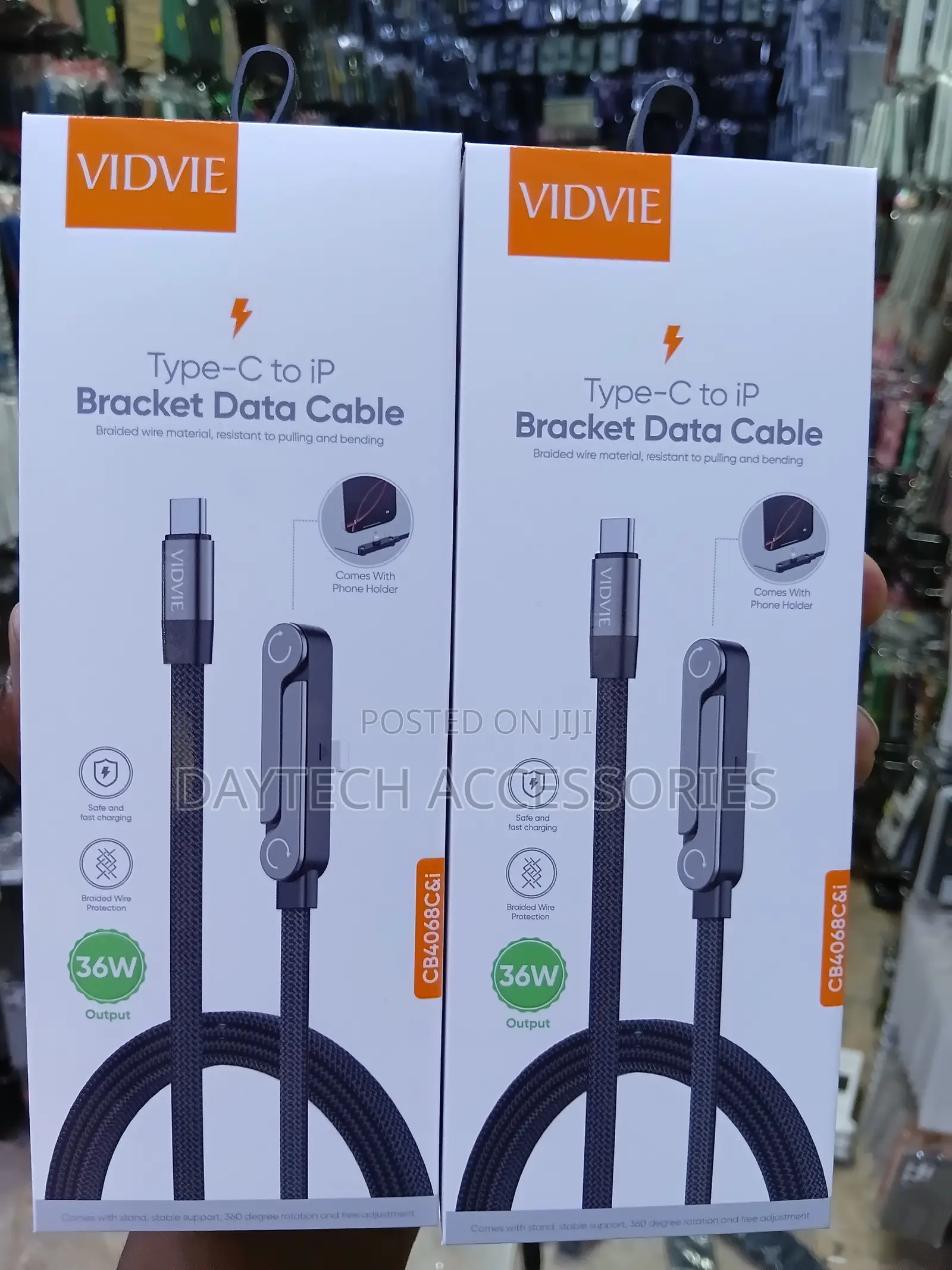 VIDVIE 36W Type-C to Lightning Braided Data Cable With Phone Stand.