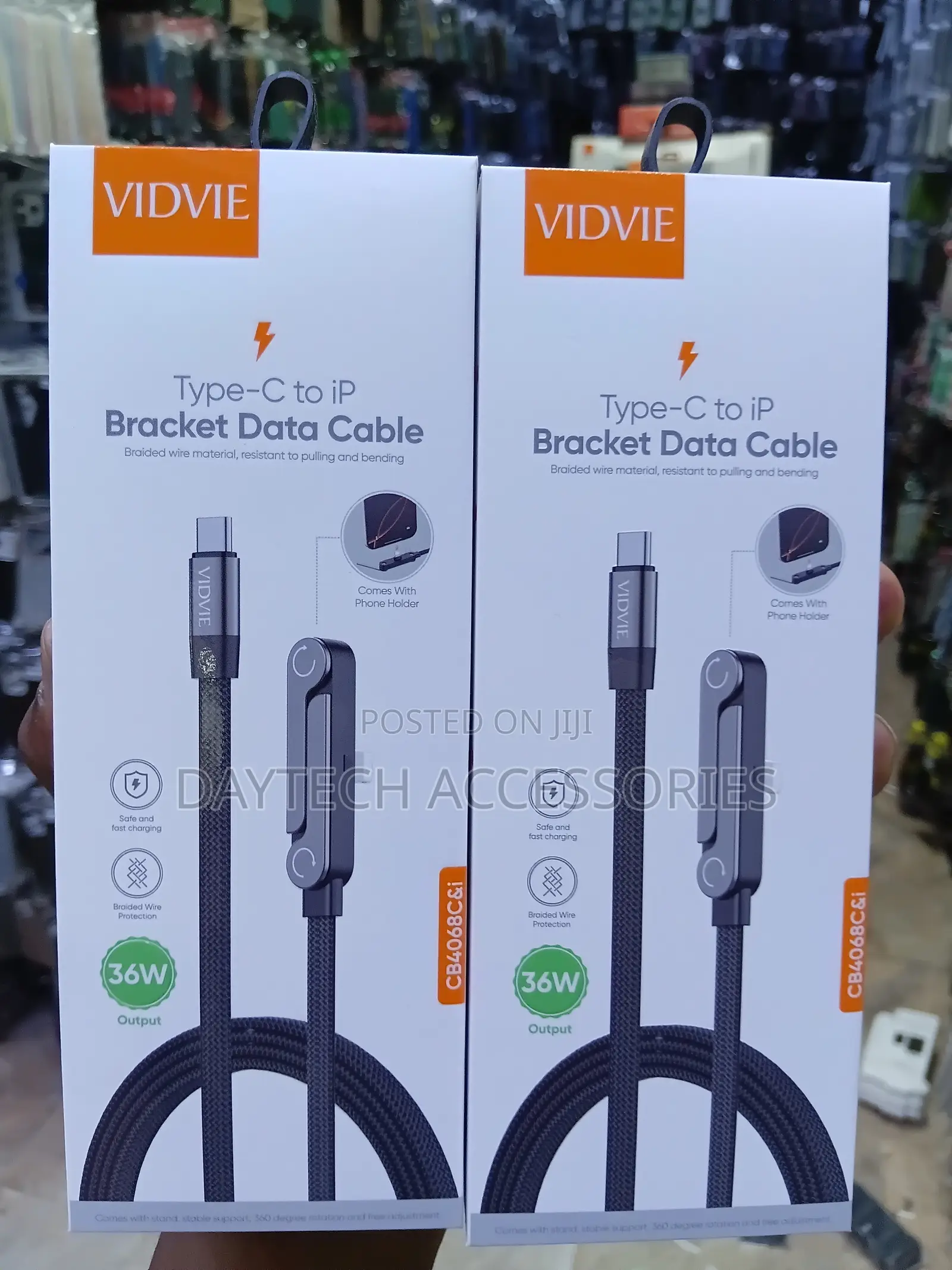 VIDVIE 36W Type-C to Lightning Braided Data Cable With Phone Stand.