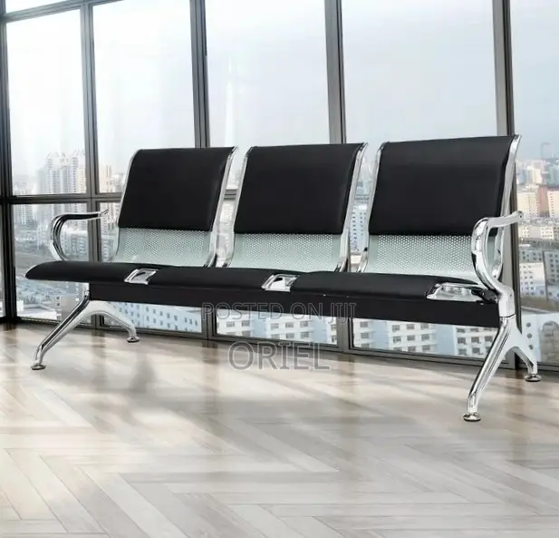 Ce Bench : 3-Seater Padded Black Leather Waiting Bench