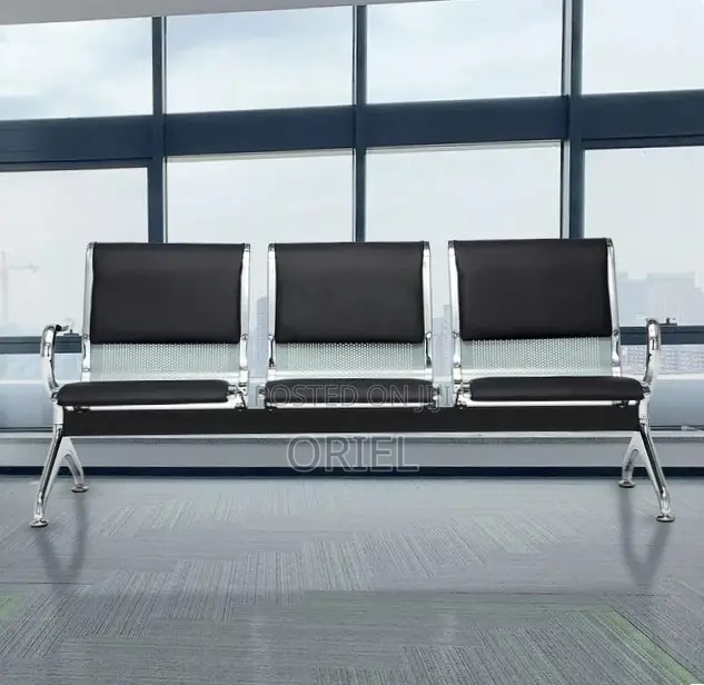 Ce Bench : 3-Seater Padded Black Leather Waiting Bench