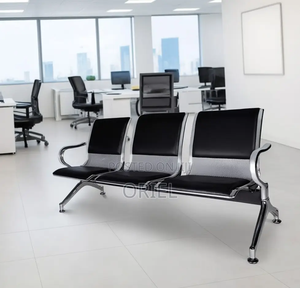 Ce Bench : 3-Seater Padded Black Leather Waiting Bench