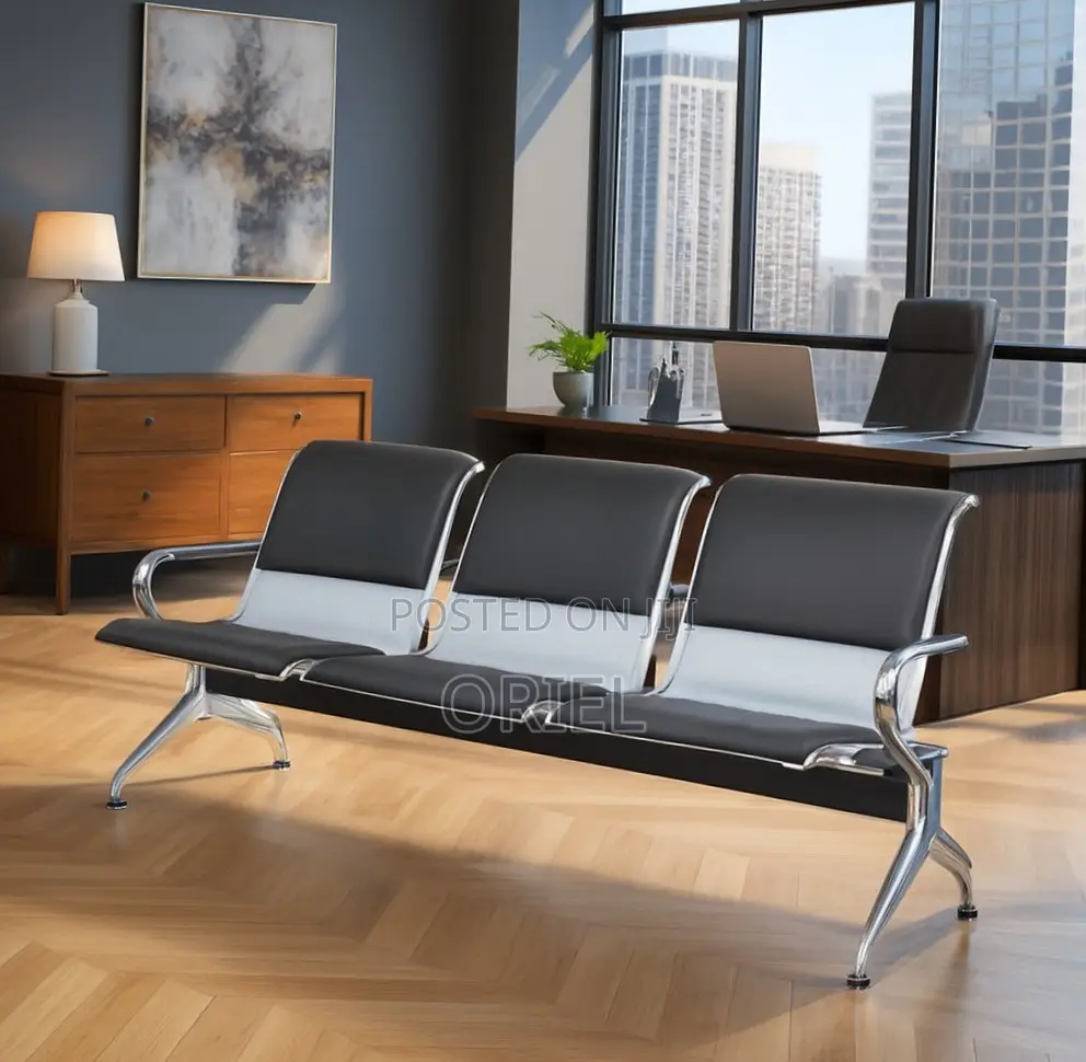 Ce Bench : 3-Seater Padded Black Leather Waiting Bench