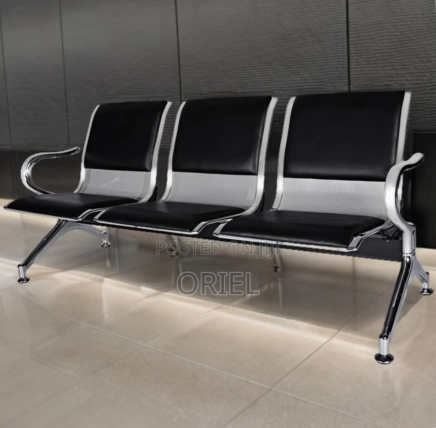 Ce Bench : 3-Seater Padded Black Leather Waiting Bench