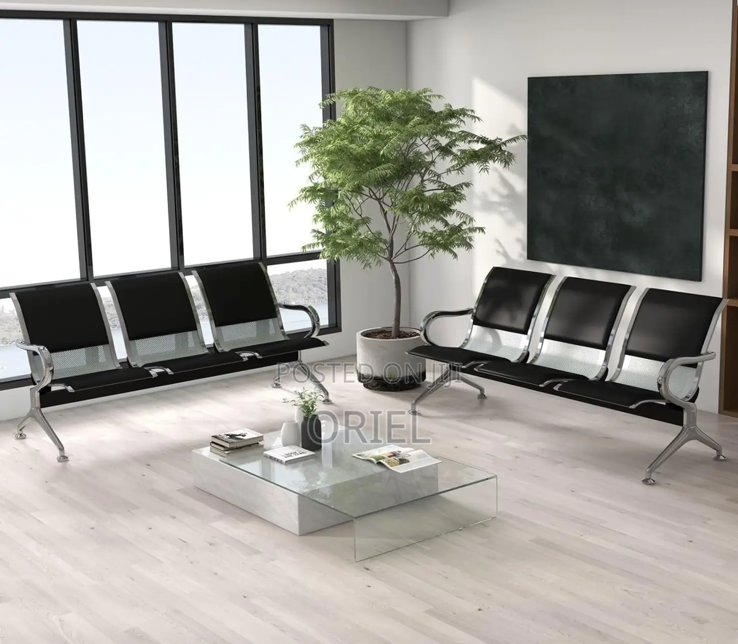 Ce Bench : 3-Seater Padded Black Leather Waiting Bench