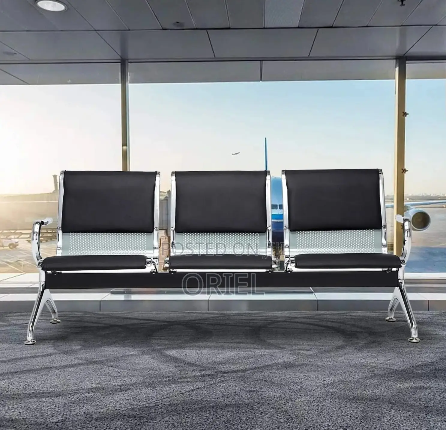 Ce Bench : 3-Seater Padded Black Leather Waiting Bench