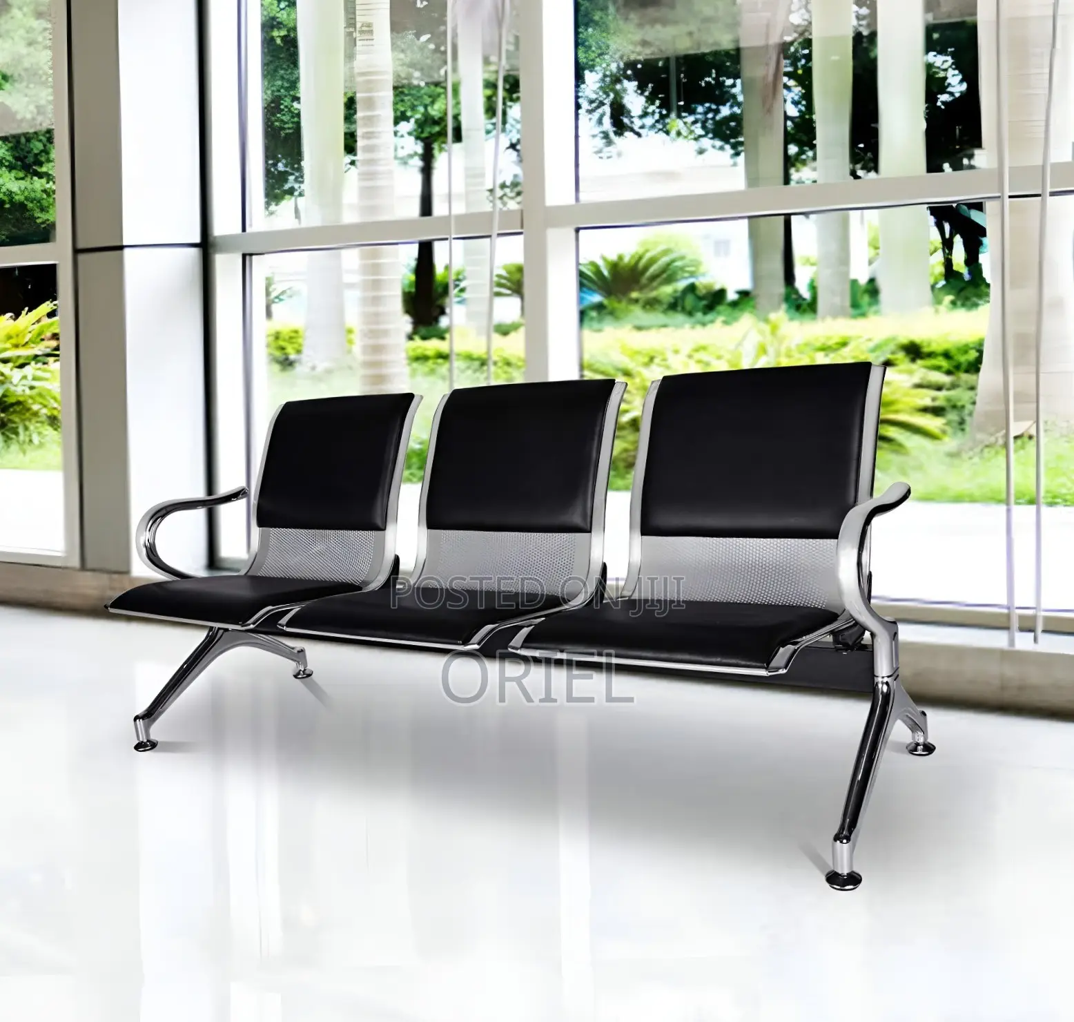 Ce Bench : 3-Seater Padded Black Leather Waiting Bench