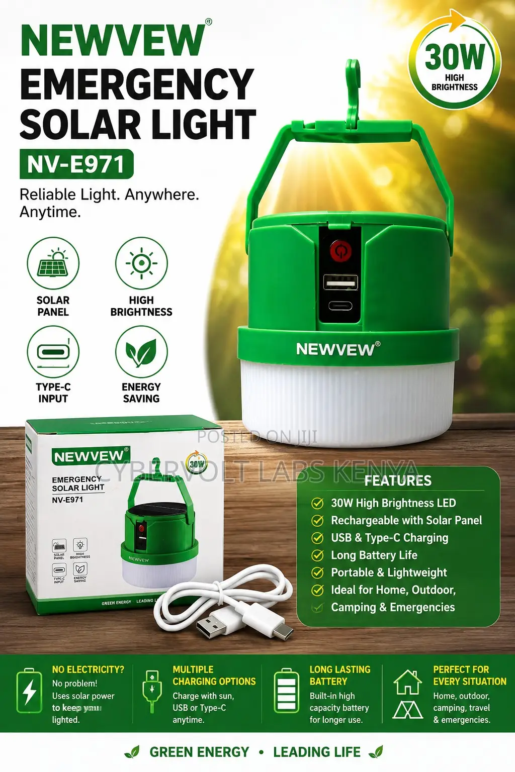 NEWVEW NV-E971 30W Emergency Solar Light – Rechargeable LED Lantern