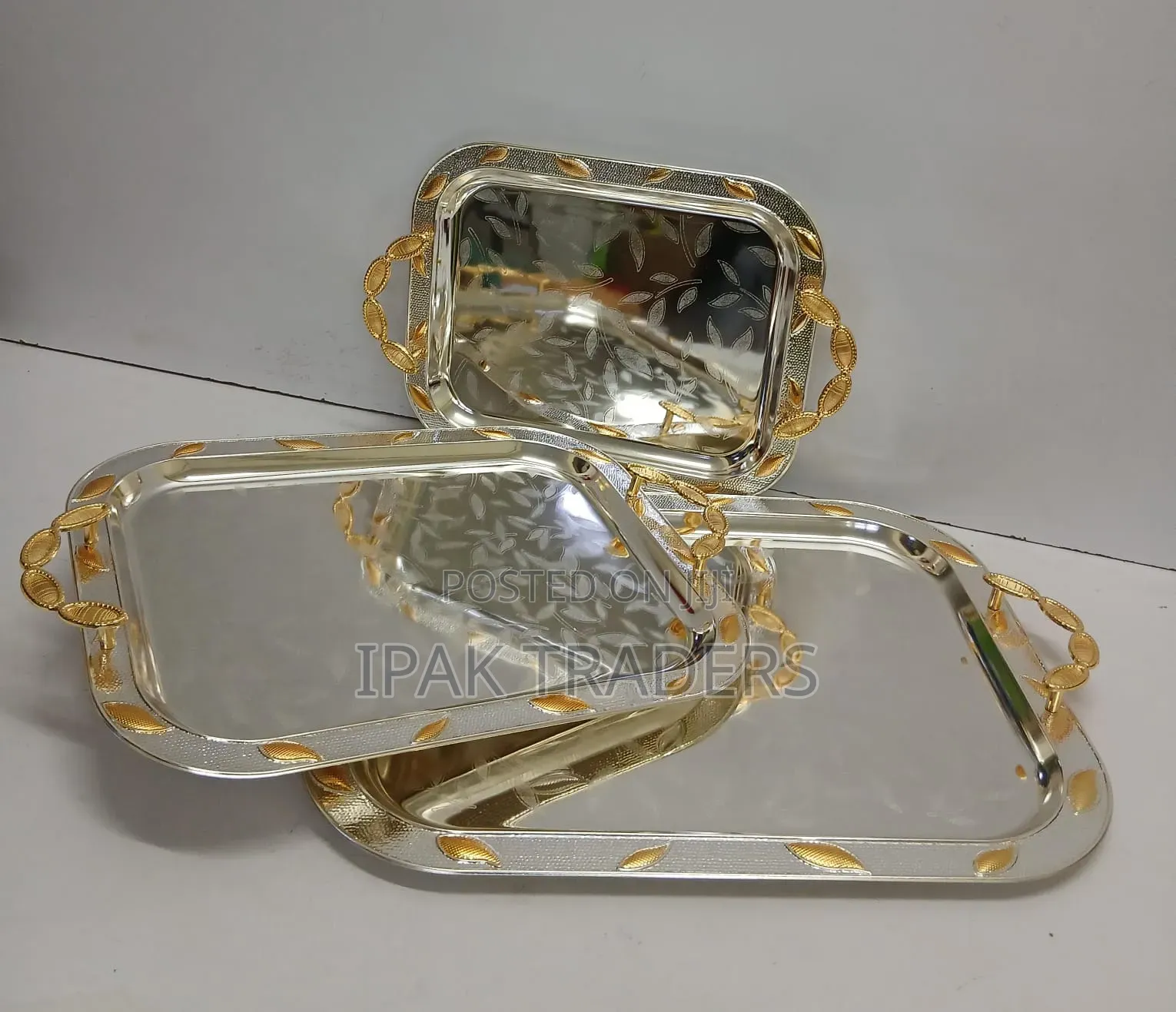3 in 1 Stainless Steel Serving Trays With a Gold Vanished Handles