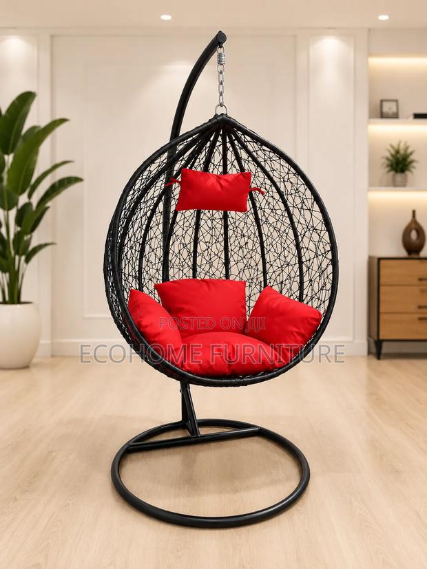Hanging Egg Chair – Black With Red Cushions