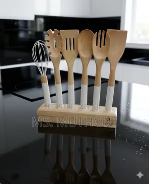 6 PC Sleek Wood and White Silicone Utensil Set
