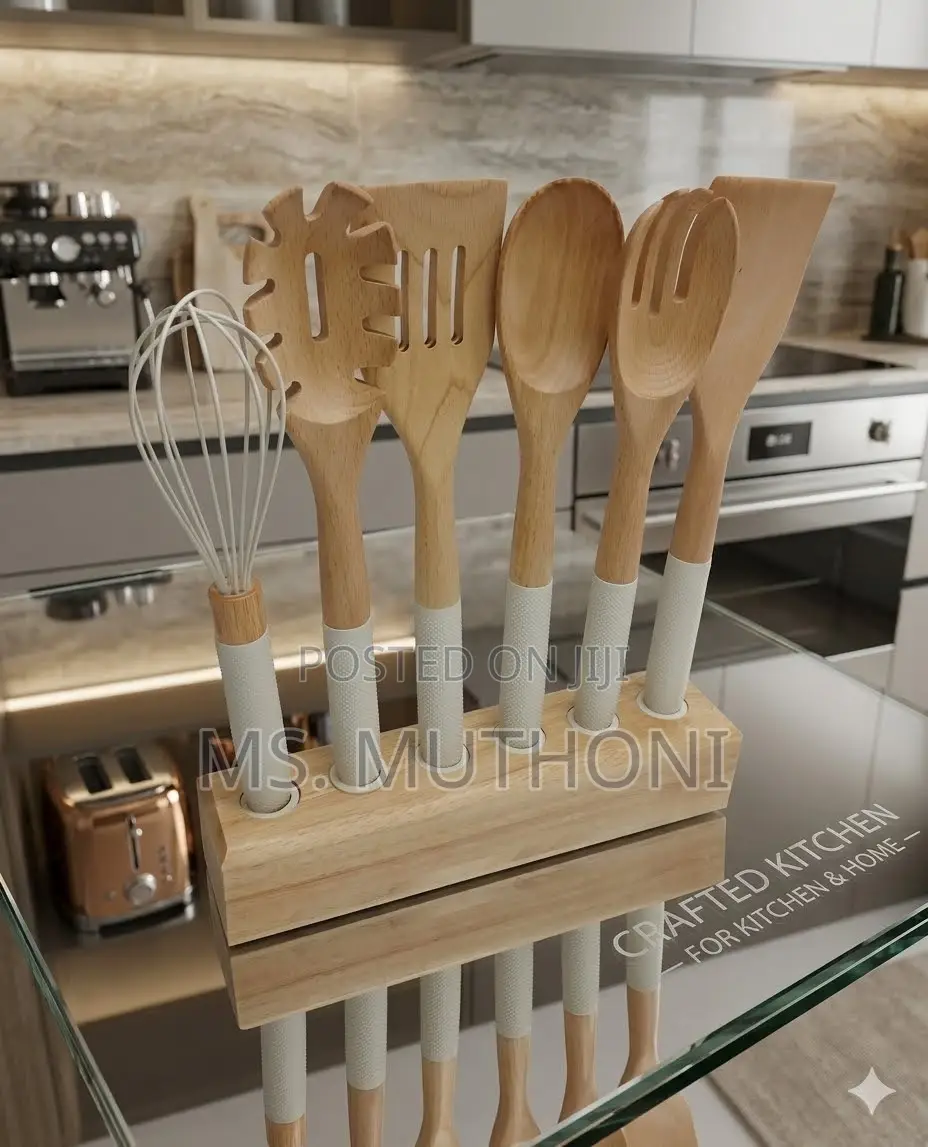 6 PC Sleek Wood and White Silicone Utensil Set