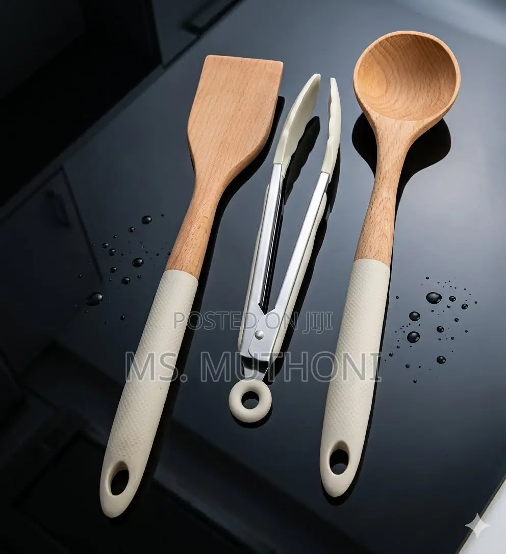 Premium Beechwood Spatula, Ladle, and Tongs TrioHigh-Quality