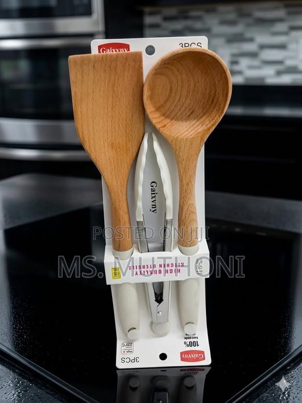 Premium Beechwood Spatula, Ladle, and Tongs TrioHigh-Quality