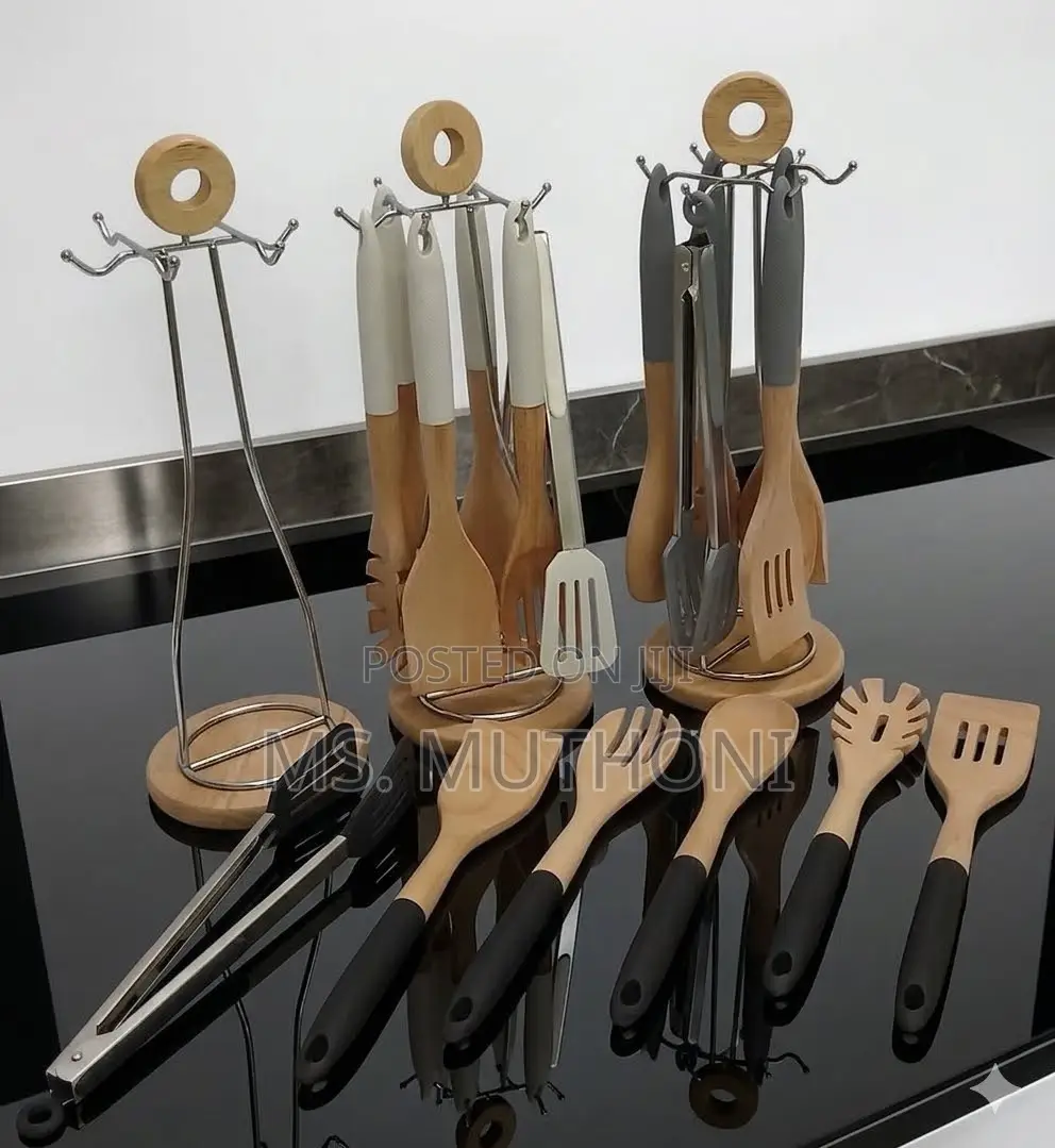 6pc Premium Wooden Cooking Spoon Set With Stand