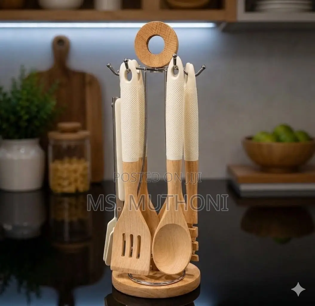 6pc Premium Wooden Cooking Spoon Set With Stand