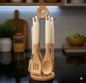 6pc Premium Wooden Cooking Spoon Set With Stand