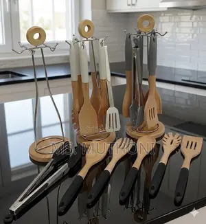 7-Piece Silicone and Wood Serving Spoon Set With Rotating Holder