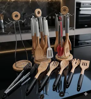 7-Piece Silicone and Wood Serving Spoon Set With Rotating Holder