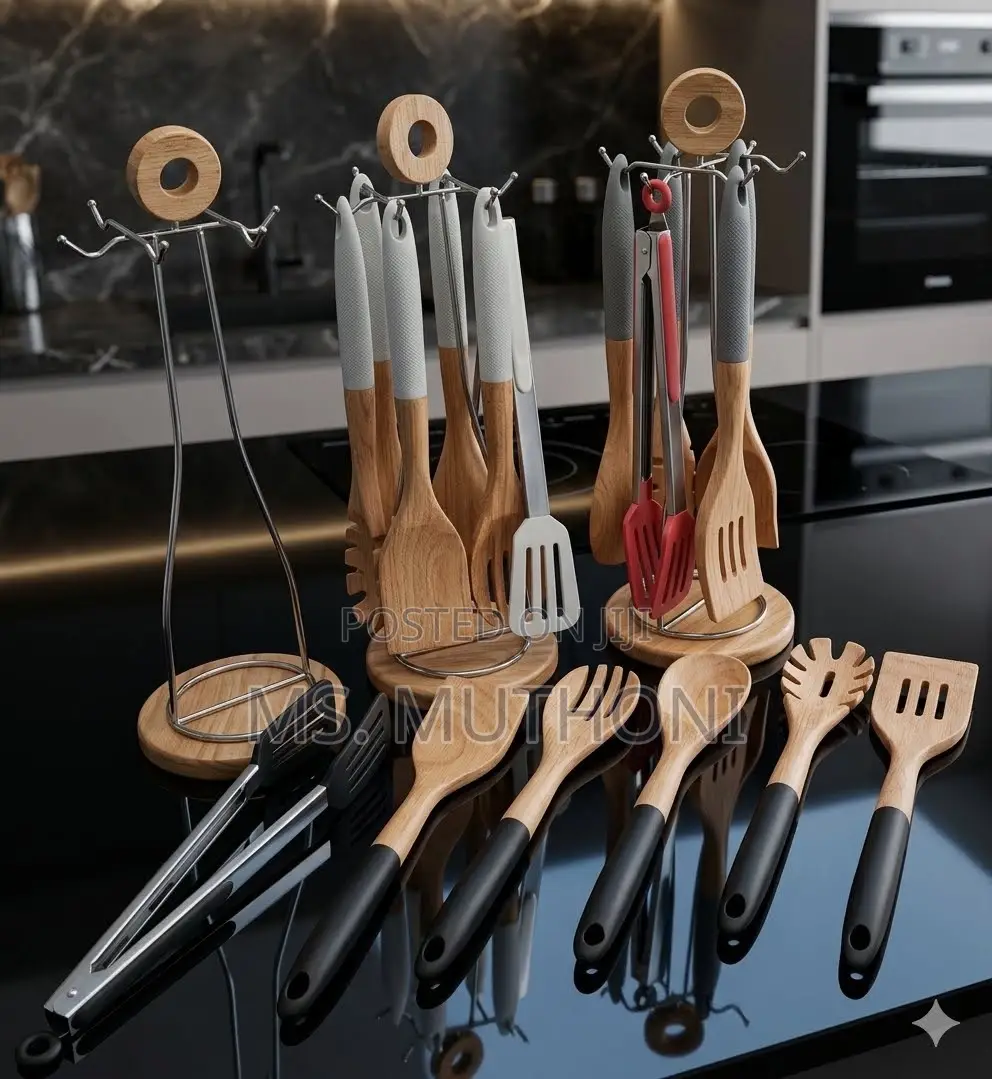7-Piece Silicone and Wood Serving Spoon Set With Rotating Holder