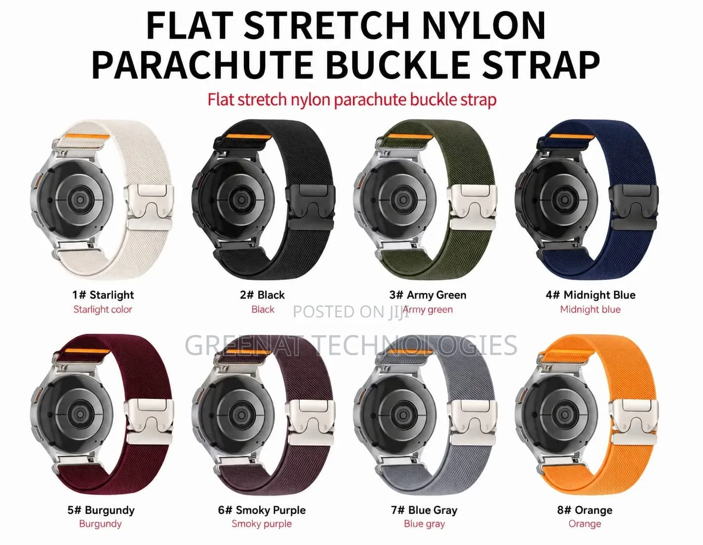 Army 22mm Flat Stretch Nylon Parachute Buckle Smart Watch Strap Nylon