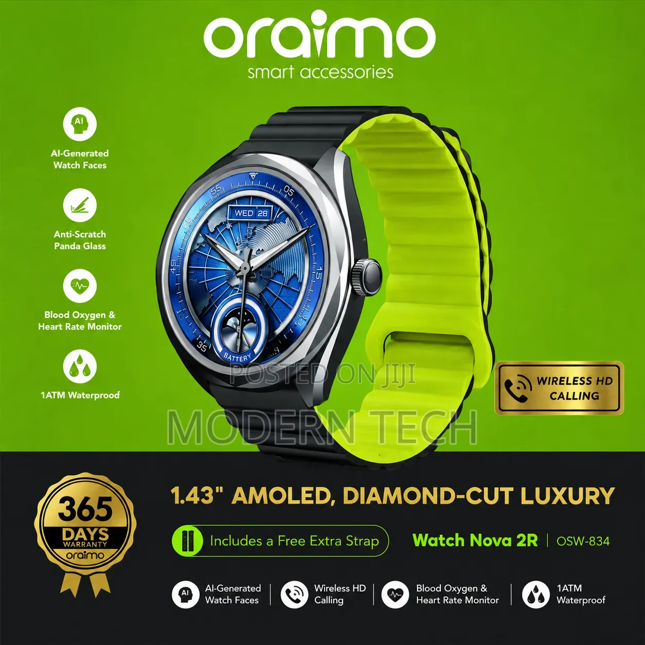 Oraimo Nova 2R Smartwatch – AMOLED Display + Bluetooth Calling