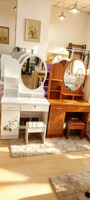 Modern Vanity Dressing Table With Round Mirror & Padded Stool