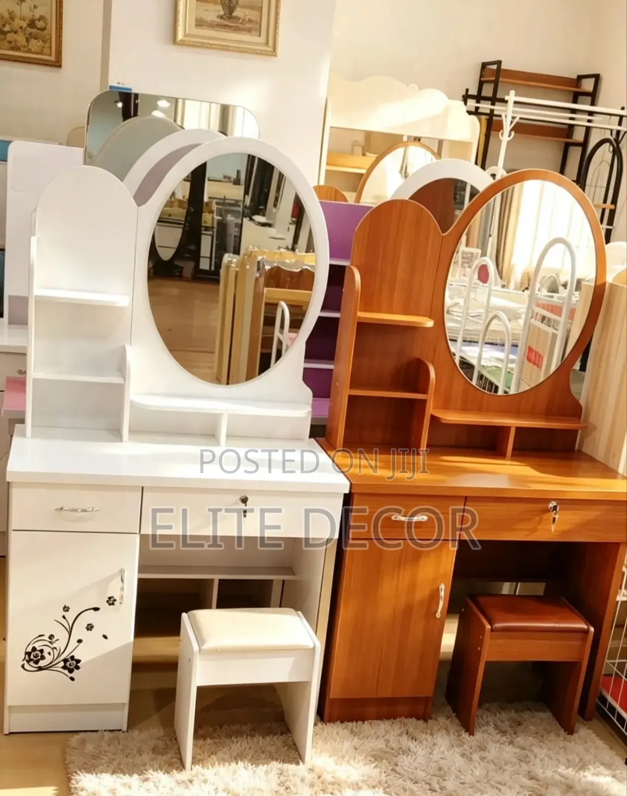 Modern Vanity Dressing Table With Round Mirror & Padded Stool