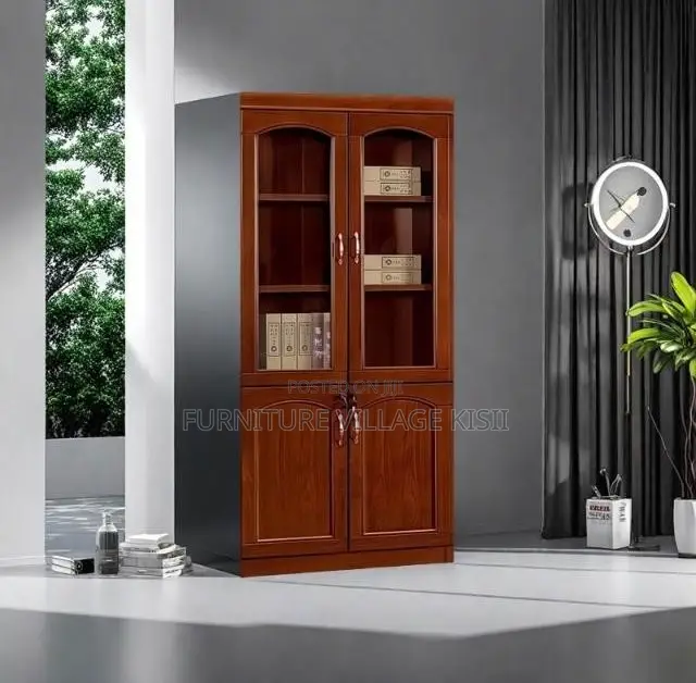 Office Cabinet; 2- Door Half Glass Mahogany Storage Cabinet