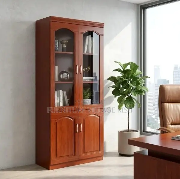 Office Cabinet; 2- Door Half Glass Mahogany Storage Cabinet