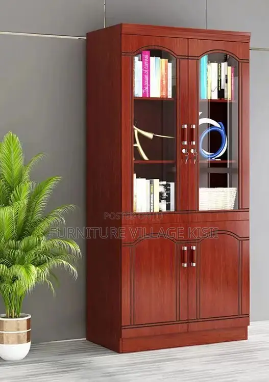 Office Cabinet; 2- Door Half Glass Mahogany Storage Cabinet