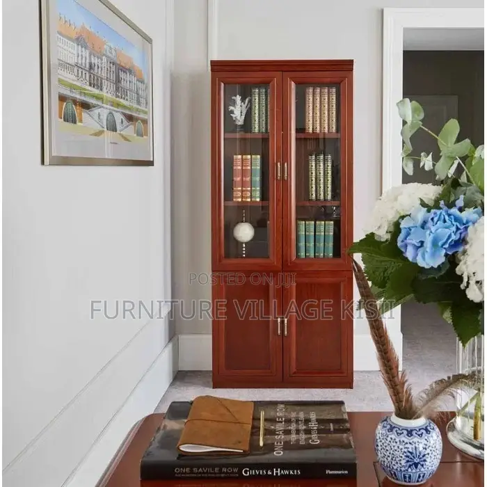 Office Cabinet; 2- Door Half Glass Mahogany Storage Cabinet