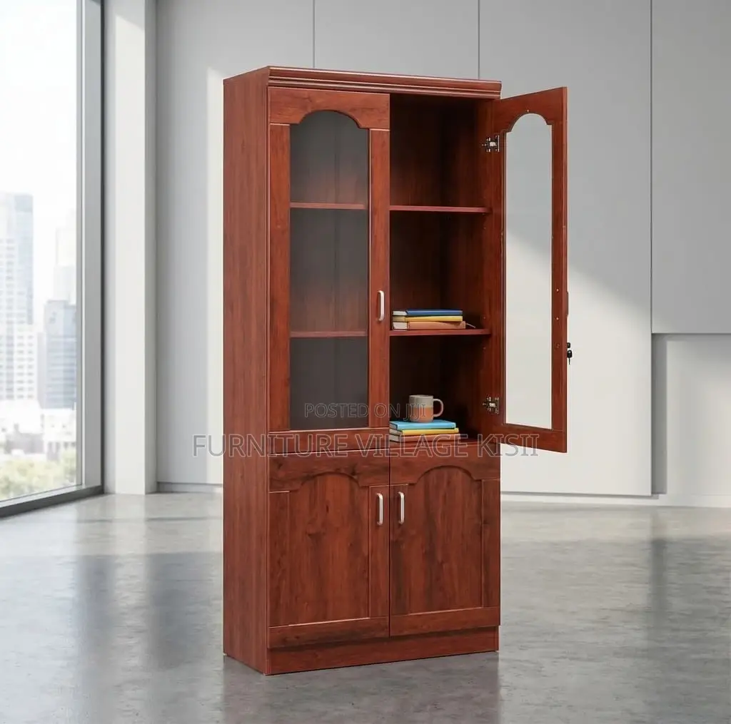 Office Cabinet; 2- Door Half Glass Mahogany Storage Cabinet