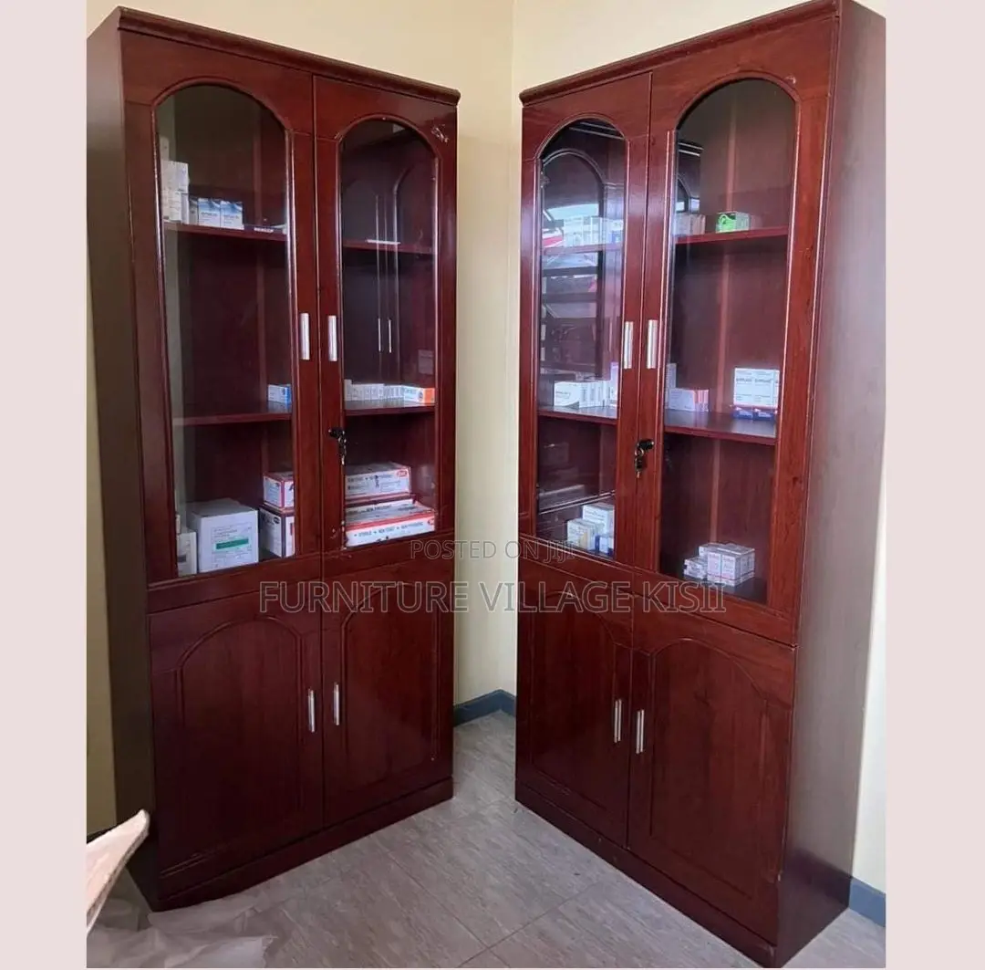 Office Cabinet; 2- Door Half Glass Mahogany Storage Cabinet