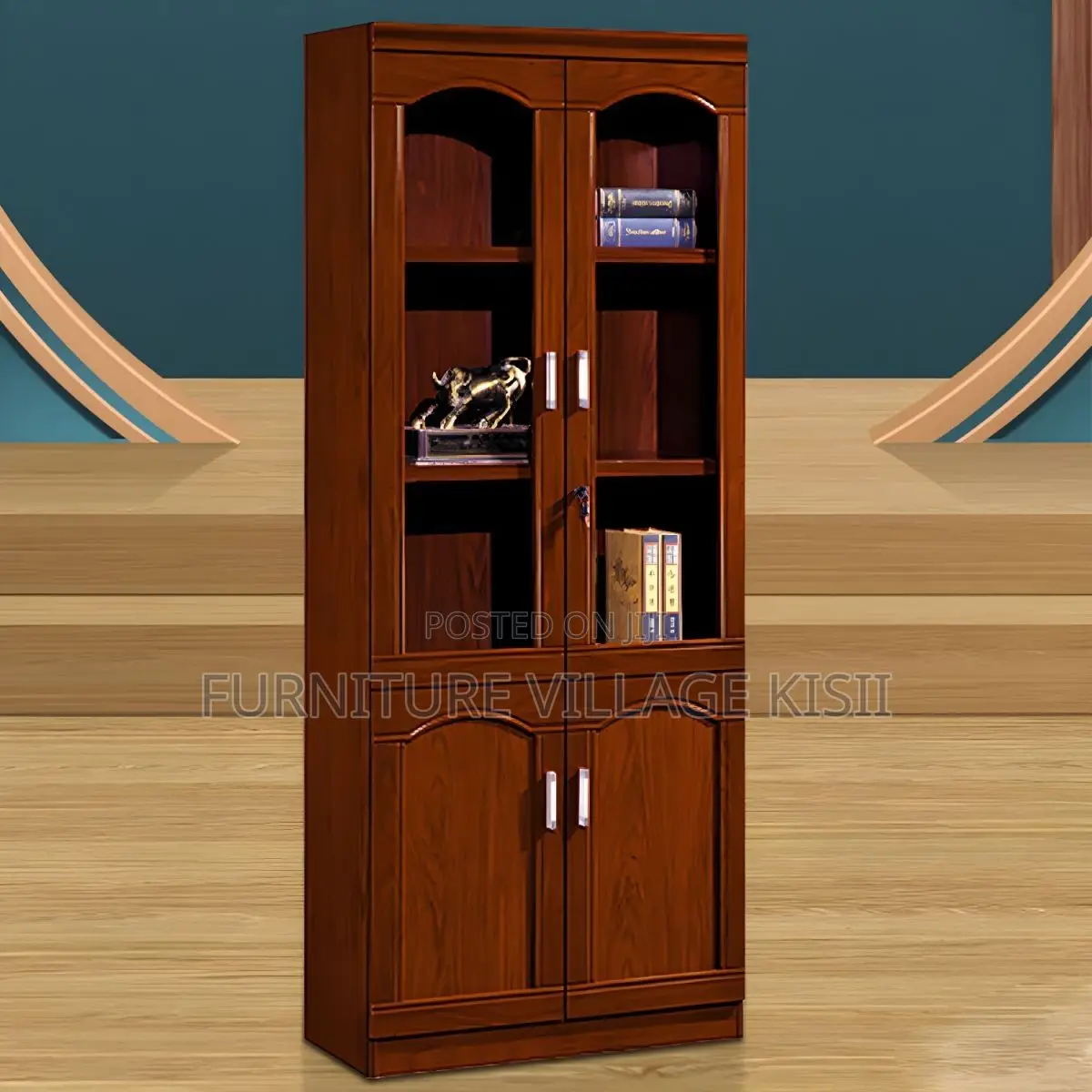 Office Cabinet; 2- Door Half Glass Mahogany Storage Cabinet