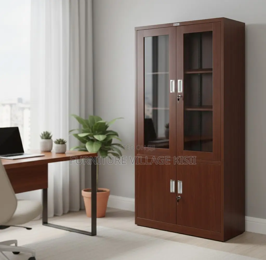 Office Cabinet; 2- Door Half Glass Mahogany Storage Cabinet