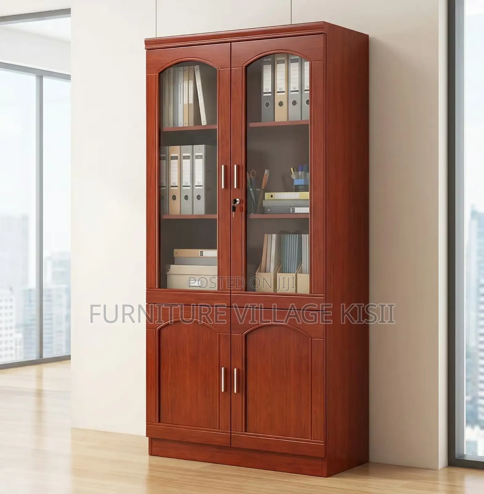Office Cabinet; 2- Door Half Glass Mahogany Storage Cabinet