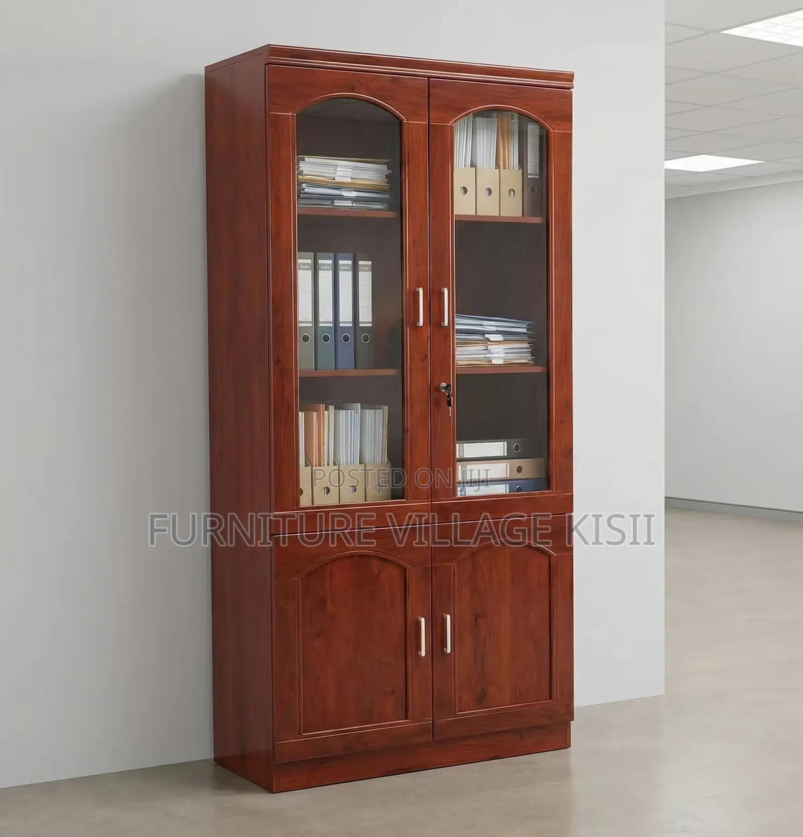 Office Cabinet; 2- Door Half Glass Mahogany Storage Cabinet