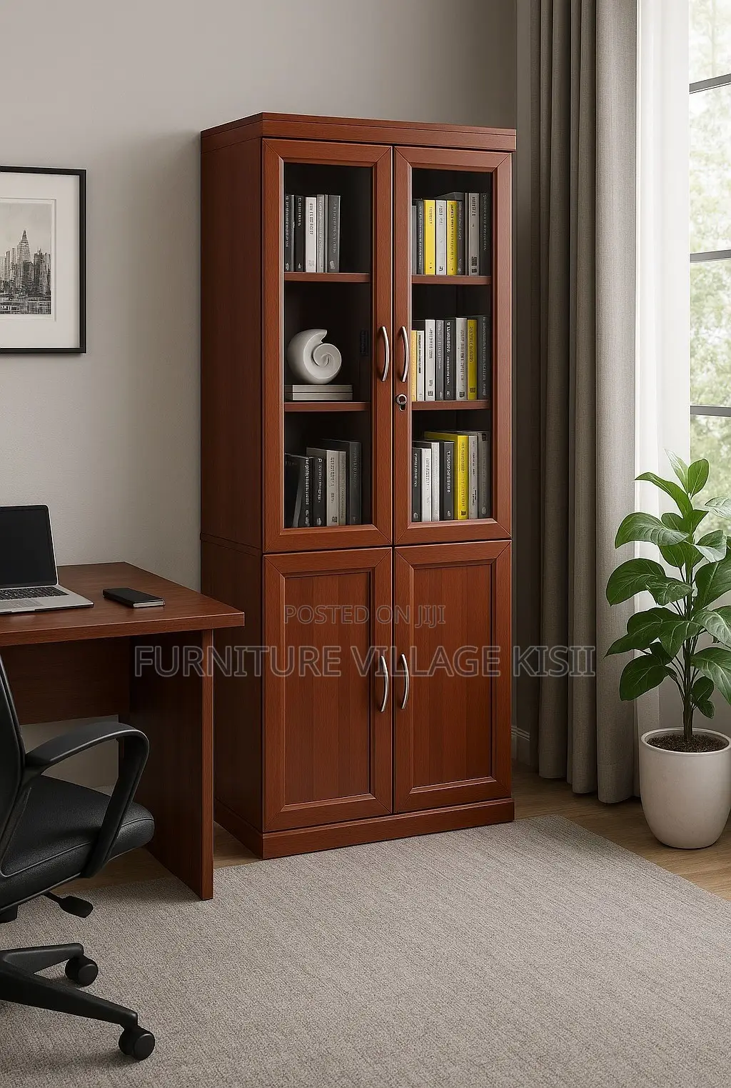 Office Cabinet; 2- Door Half Glass Mahogany Storage Cabinet