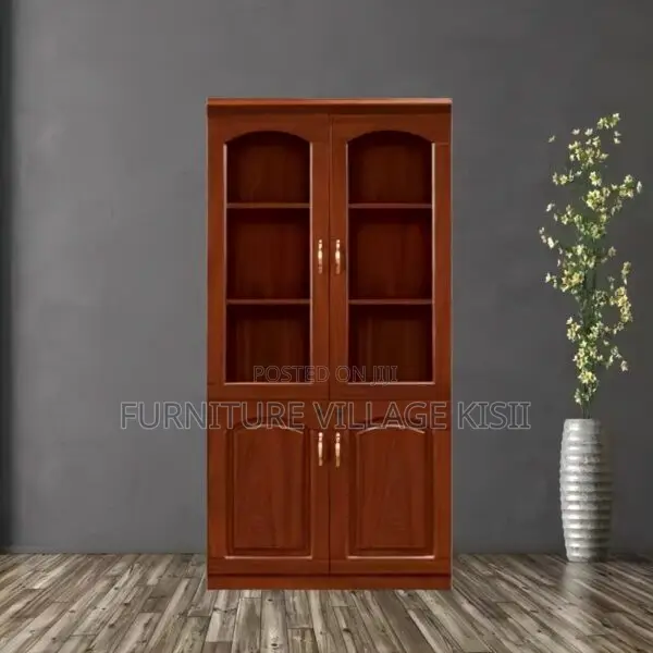 Office Cabinet; 2- Door Half Glass Mahogany Storage Cabinet
