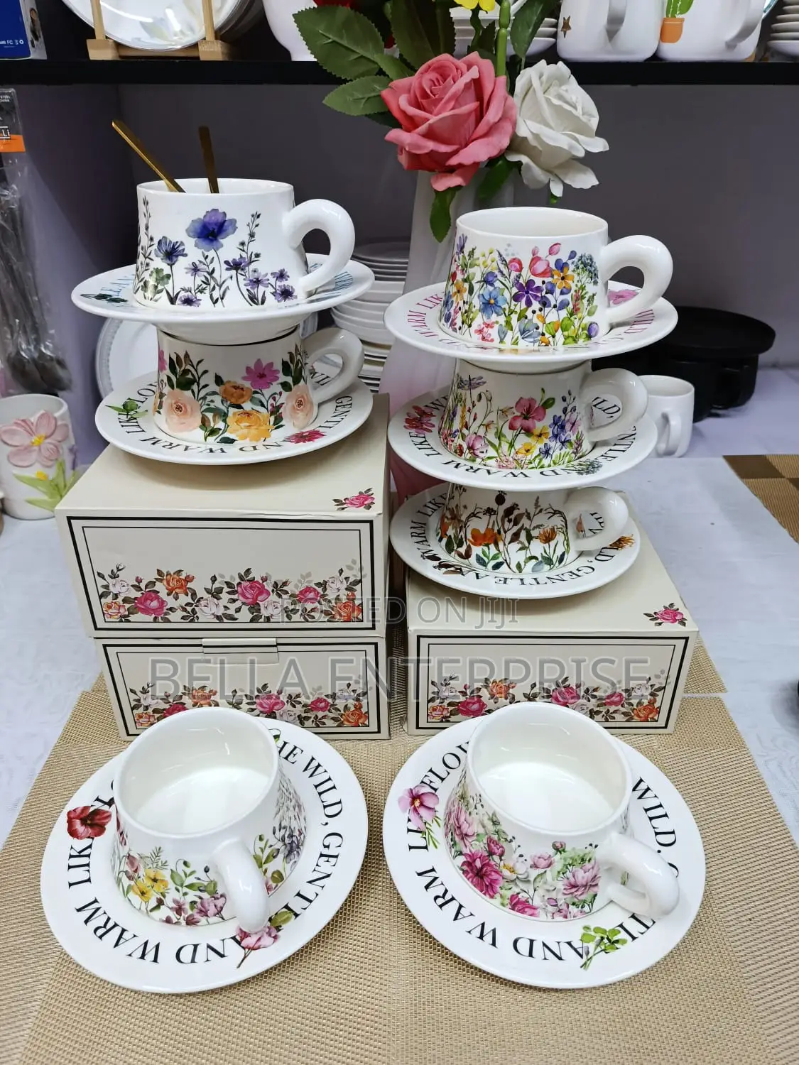 Available Elegant Retro Hand-Printed Peony Flower Coffee Cups &Saucers