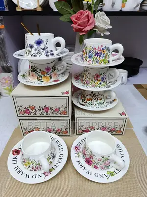 Available Elegant Retro Hand-Printed Peony Flower Coffee Cups &Saucers