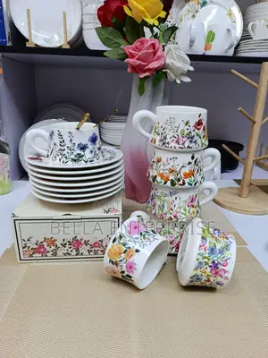 Available Elegant Retro Hand-Printed Peony Flower Coffee Cups &Saucers