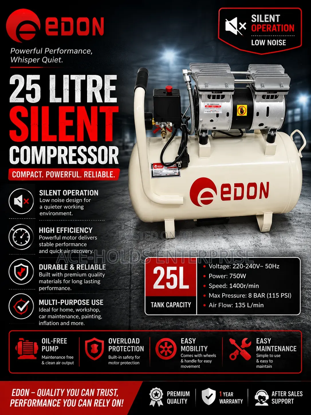 Edon 25L Silent Air Compressor – Powerful & Quiet Performance
